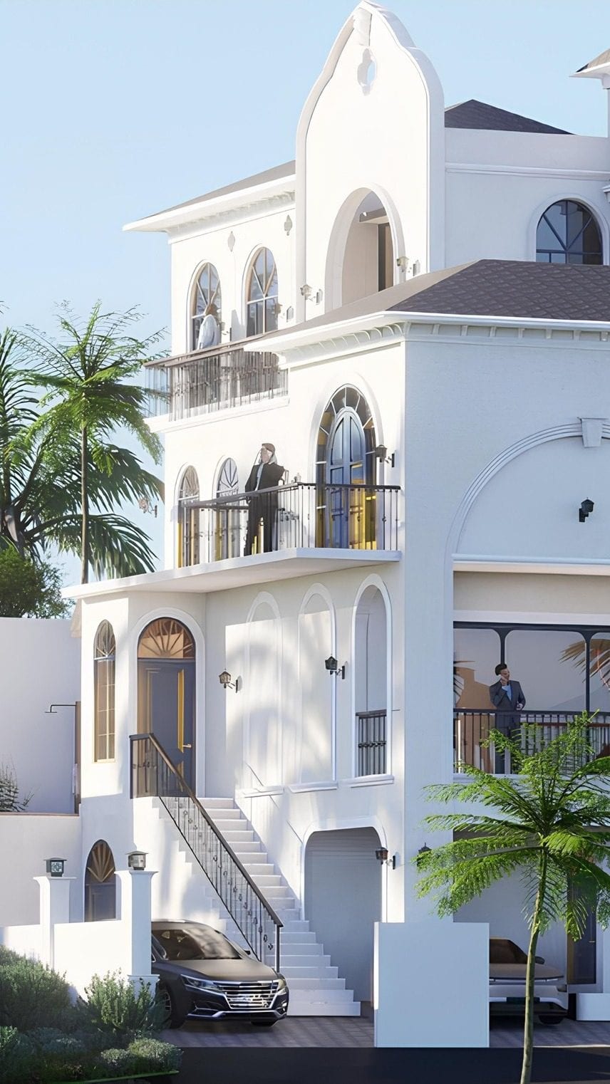 Arched Portuguese-inspired villa facade at Casa Bela Vista, Salvador do Mundo, North Goa